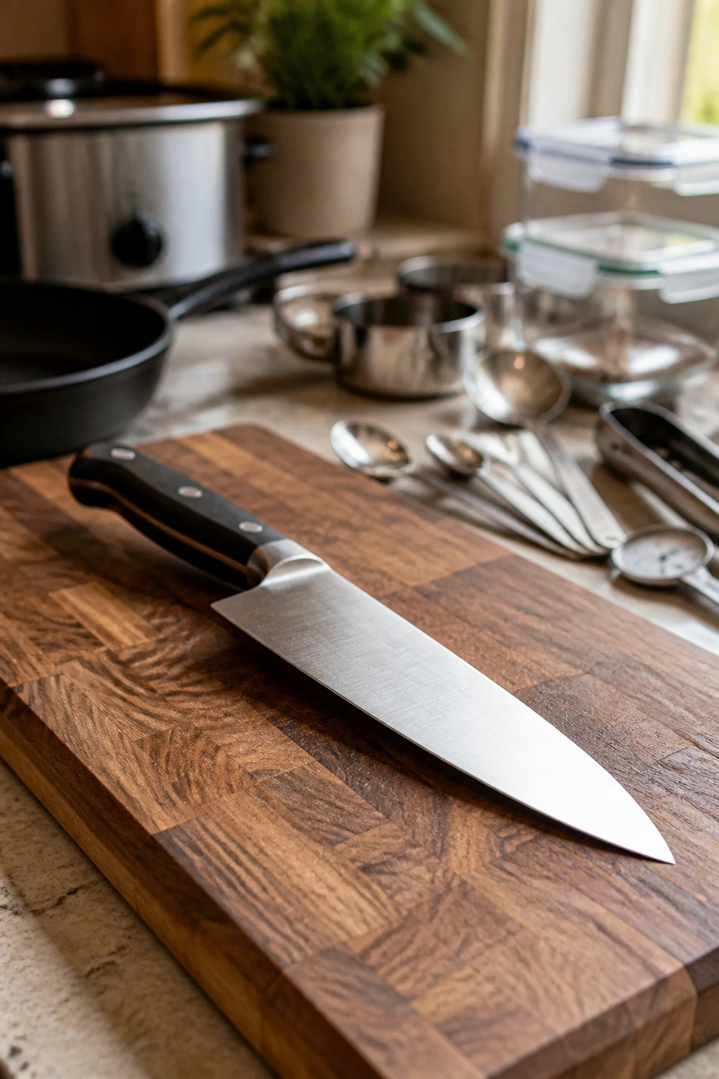 Sharp chef's knife on a cutting board in a kitchen