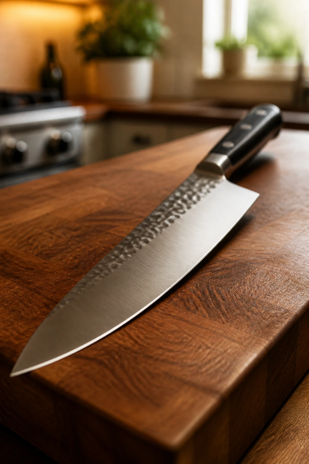Close-up of a chef's knife on a cutting board