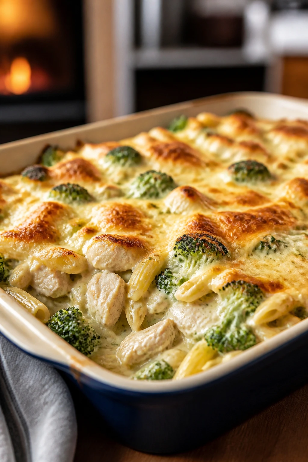 Close-up of creamy chicken Alfredo broccoli bake in a baking dish