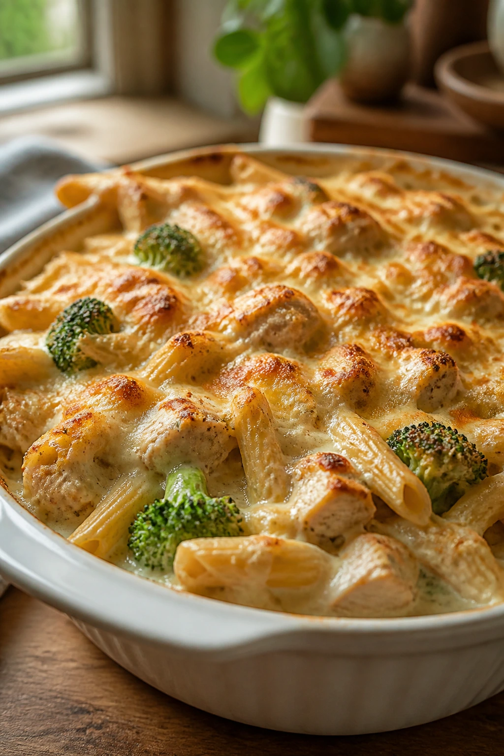 Close-up of creamy chicken Alfredo bake with broccoli and melted cheese in a ceramic dish