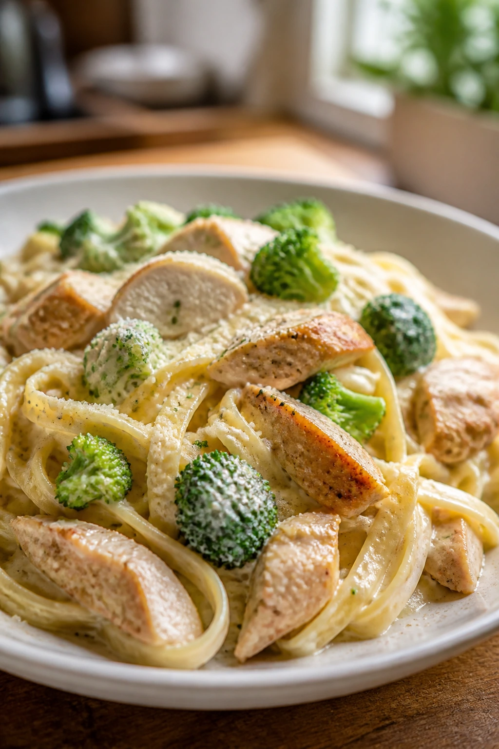 Close-up of Chicken Alfredo with Broccoli on a plate.