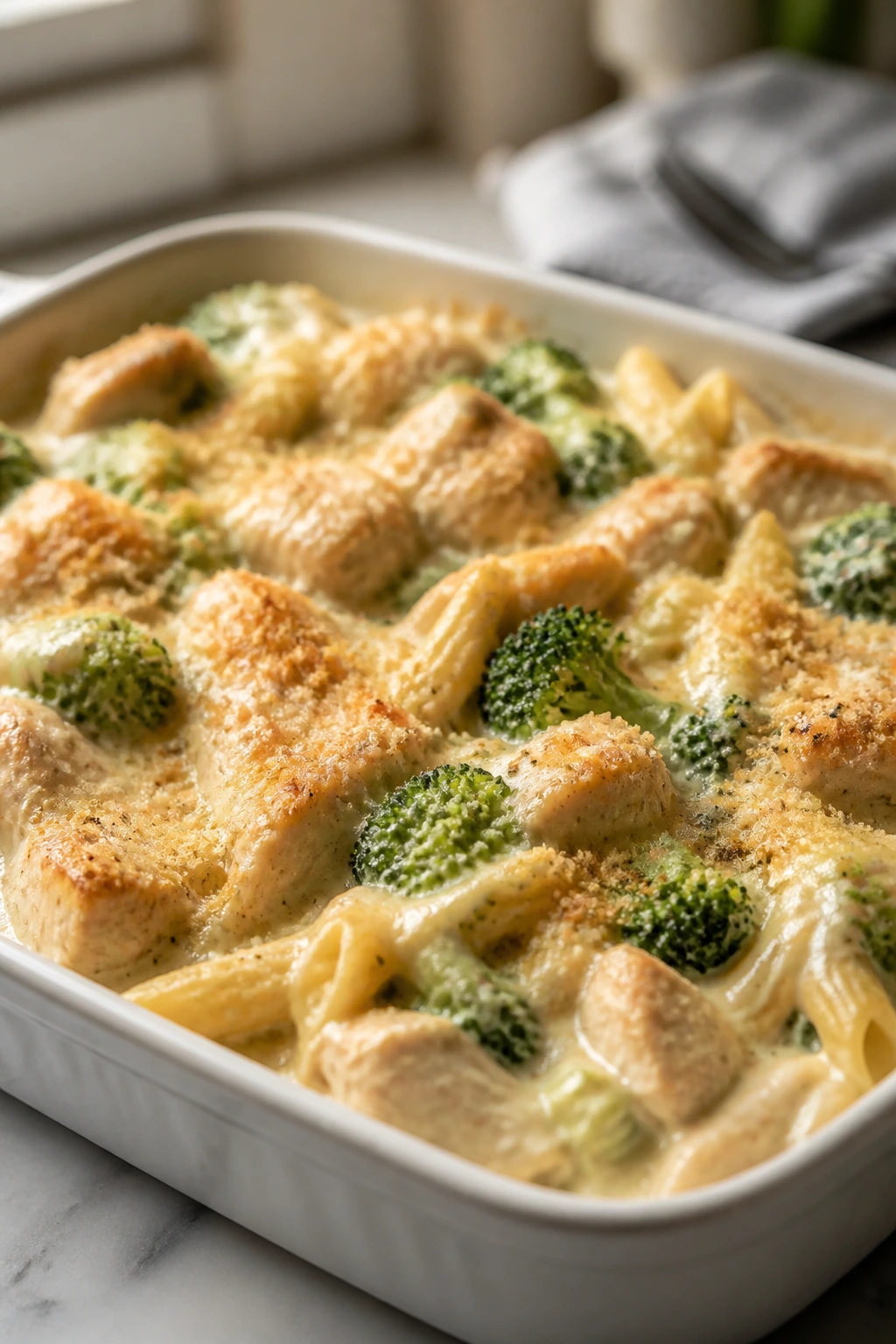 Creamy chicken Alfredo broccoli bake in bright kitchen