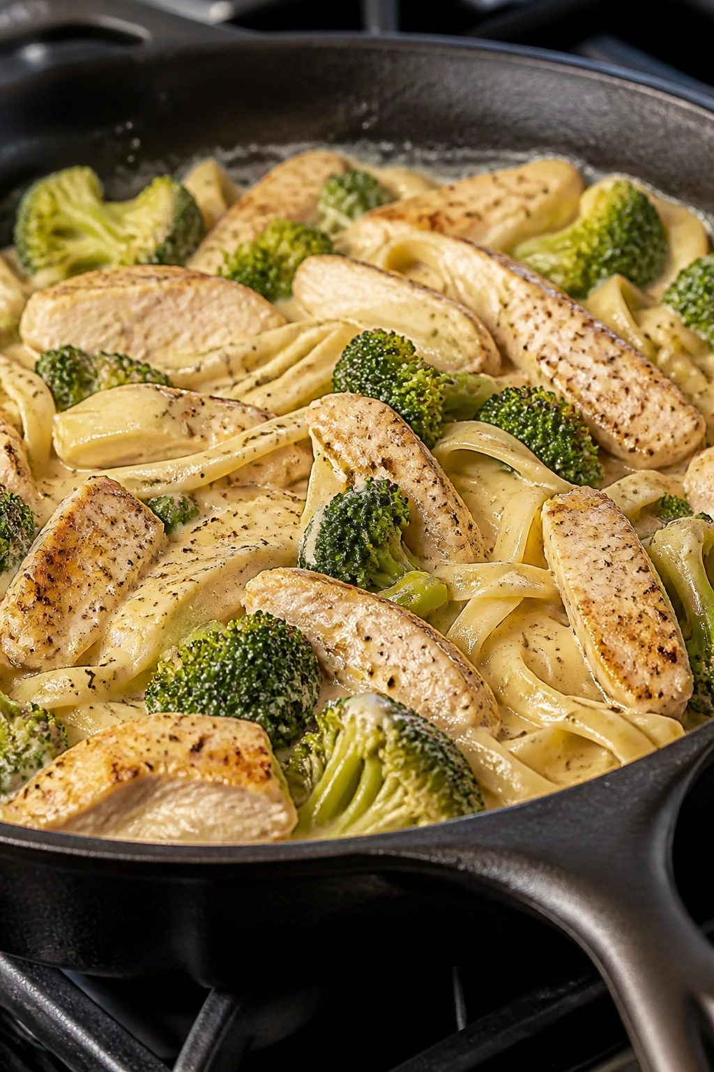 Close-up of chicken alfredo with broccoli in a skillet