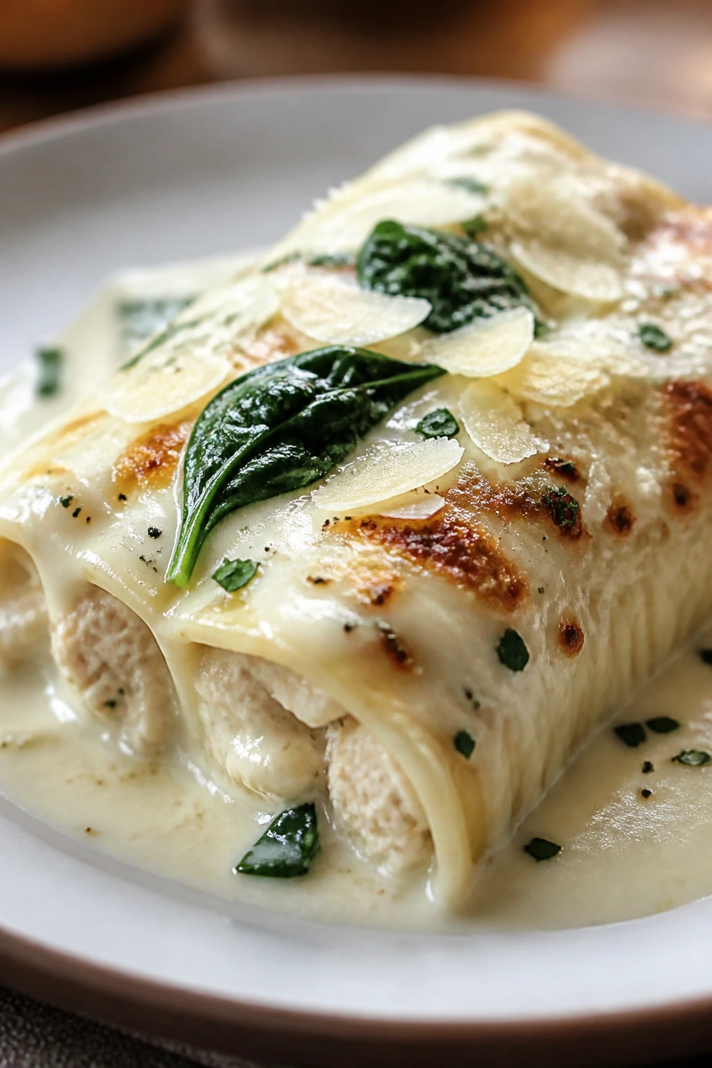 Creamy chicken Alfredo manicotti close-up on plate