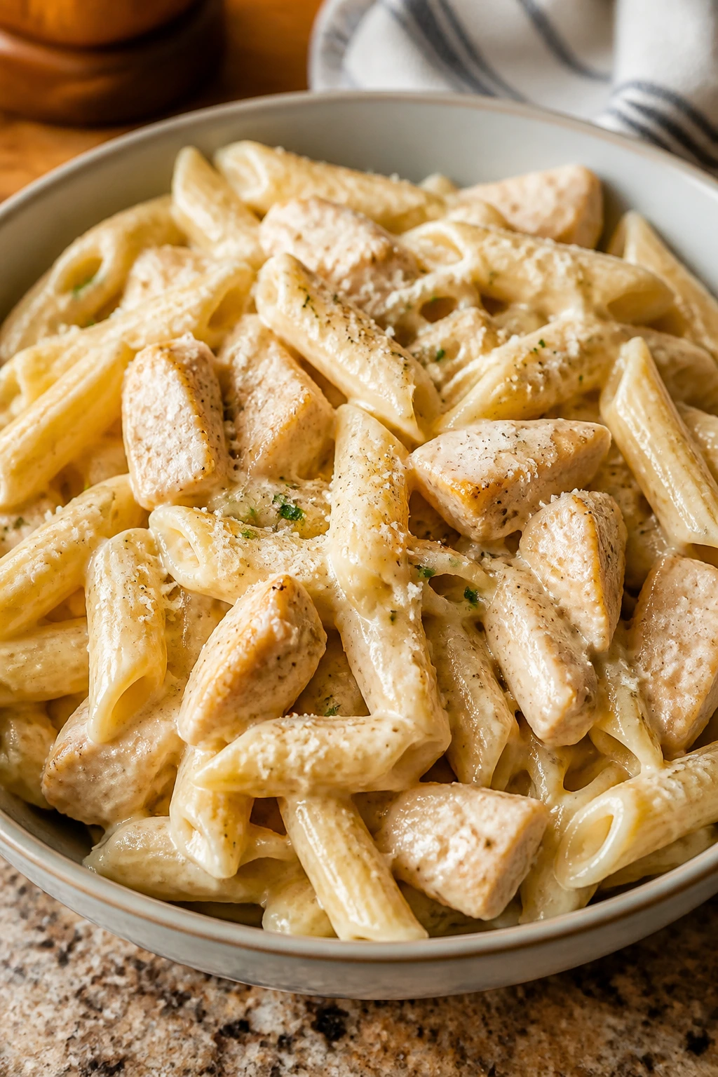 Creamy chicken Alfredo pasta with penne and parmesan in a bowl