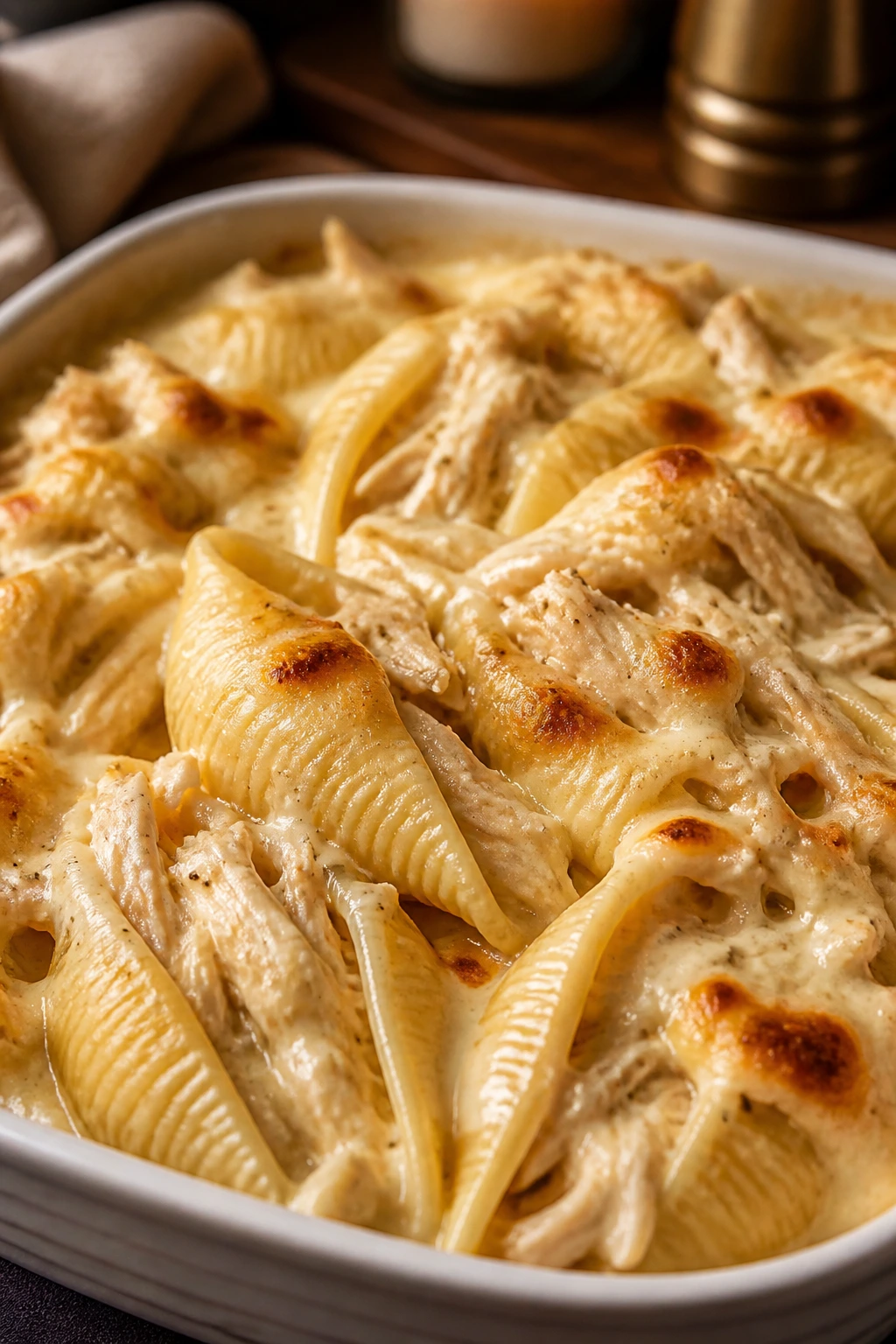 Creamy chicken alfredo stuffed shells close-up