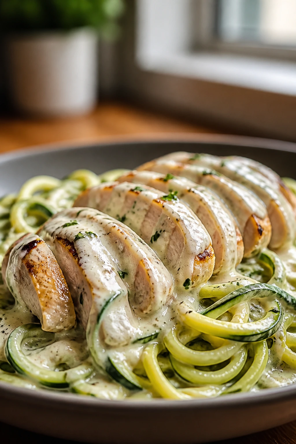 Close-up of chicken with Alfredo sauce and zucchini noodles