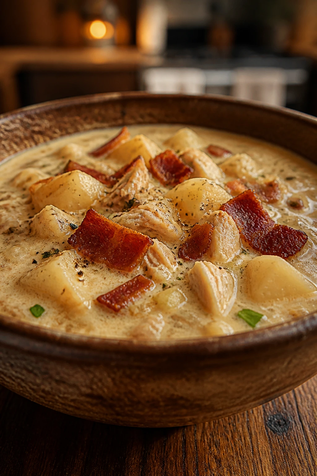 Close-up of chicken, bacon, and potato chowder with bacon bits