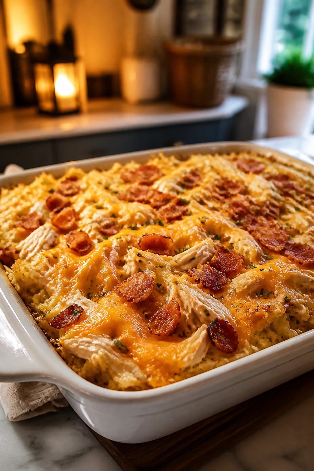Close-up of Chicken Bacon Ranch Hashbrown Bake in a dish