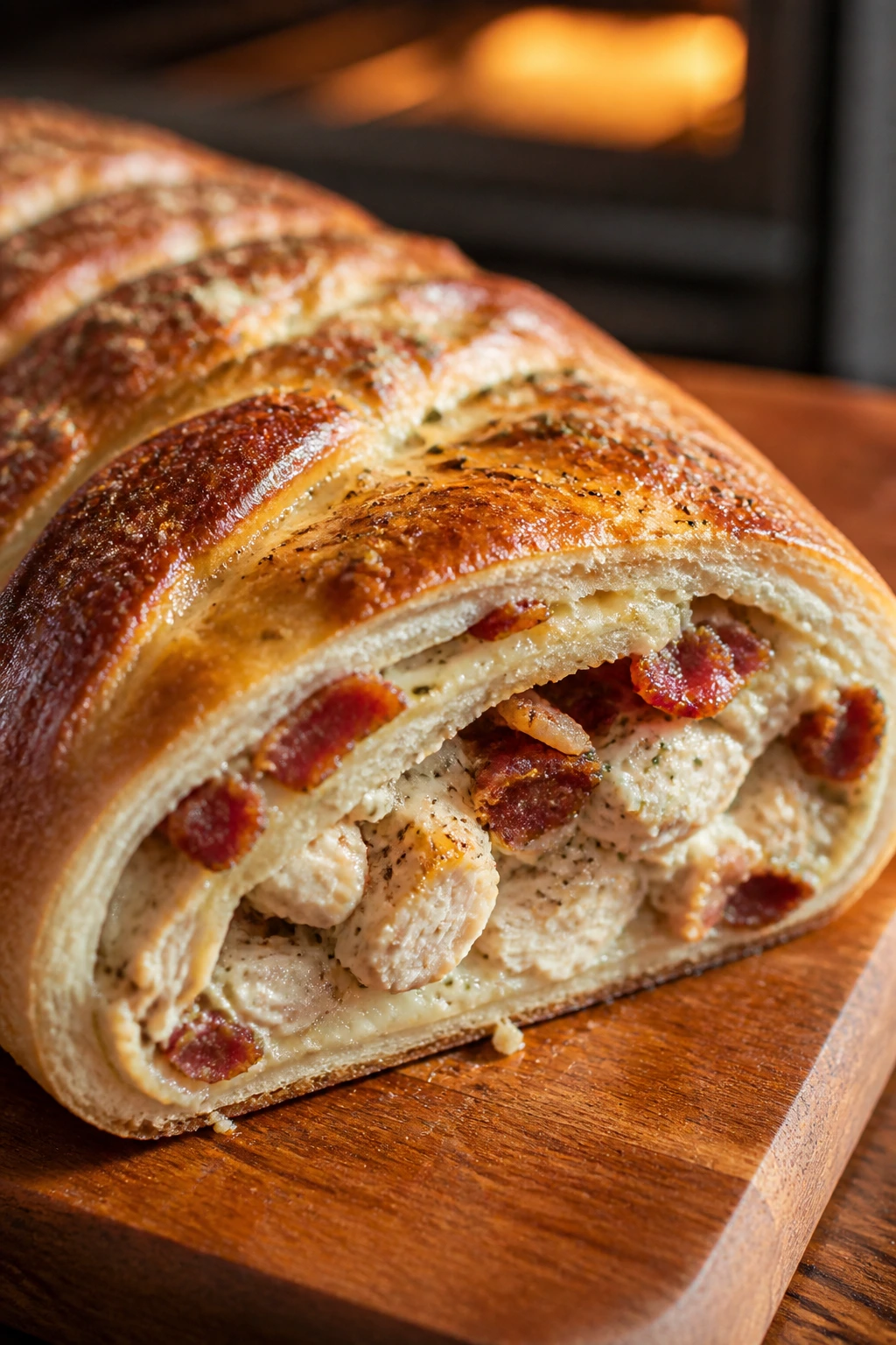 Cross-section of chicken bacon ranch stromboli showing chicken and bacon filling