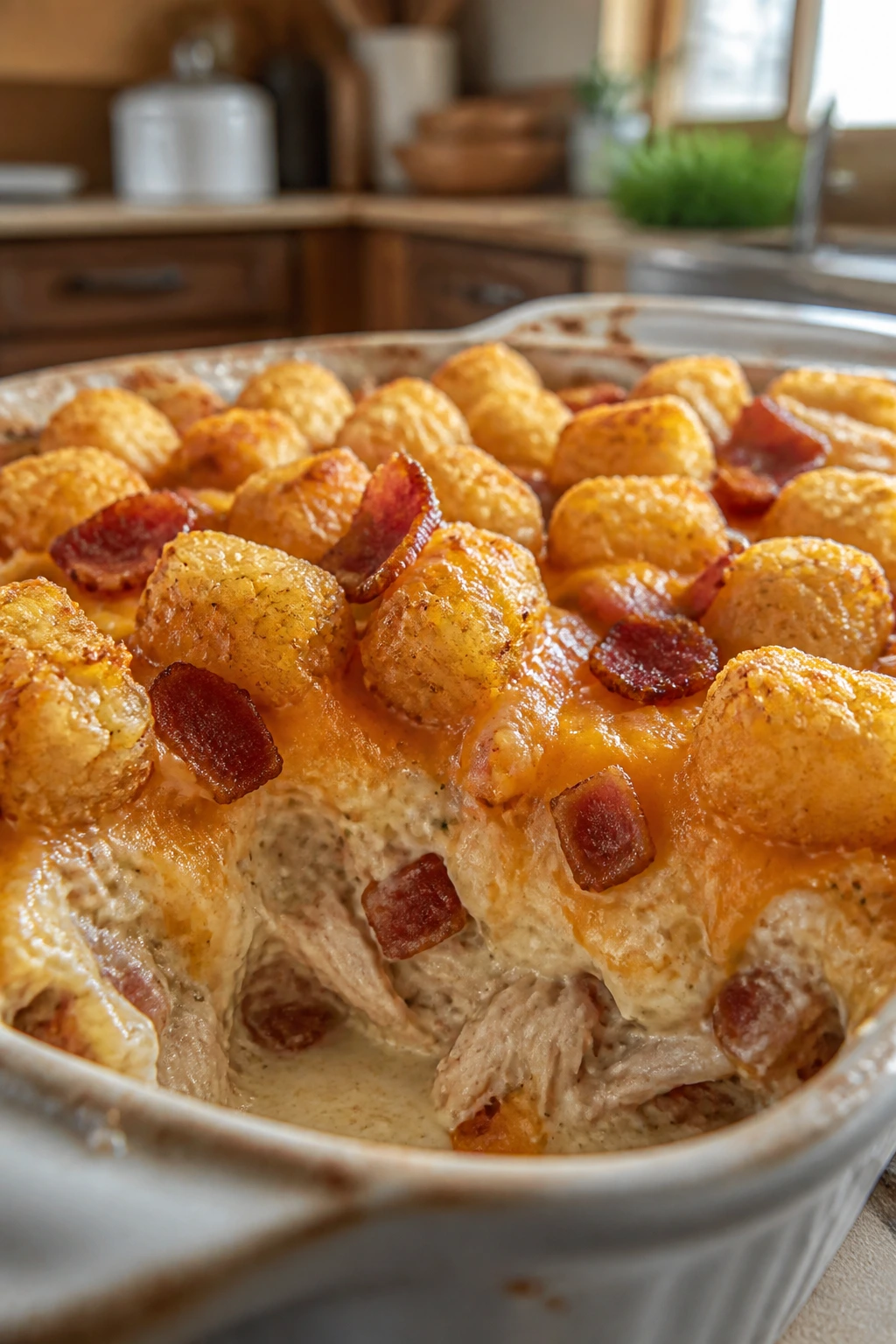 Close-up of creamy chicken ranch casserole with tots on top