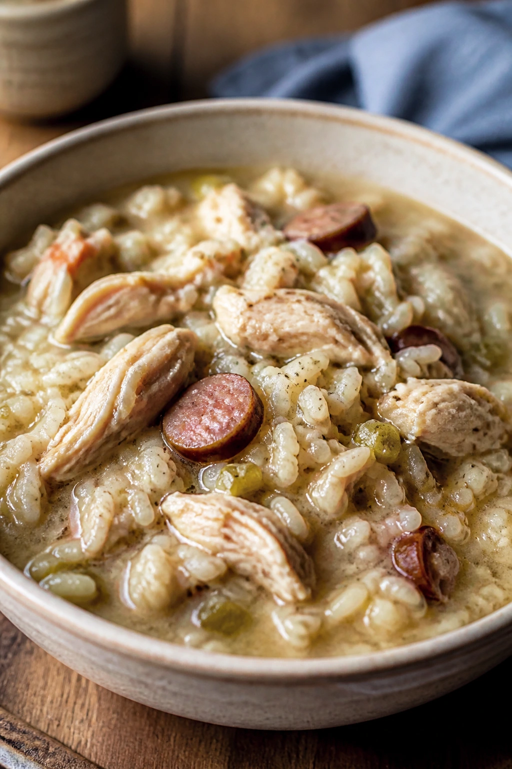 Close-up of chicken bog with chicken and rice in broth