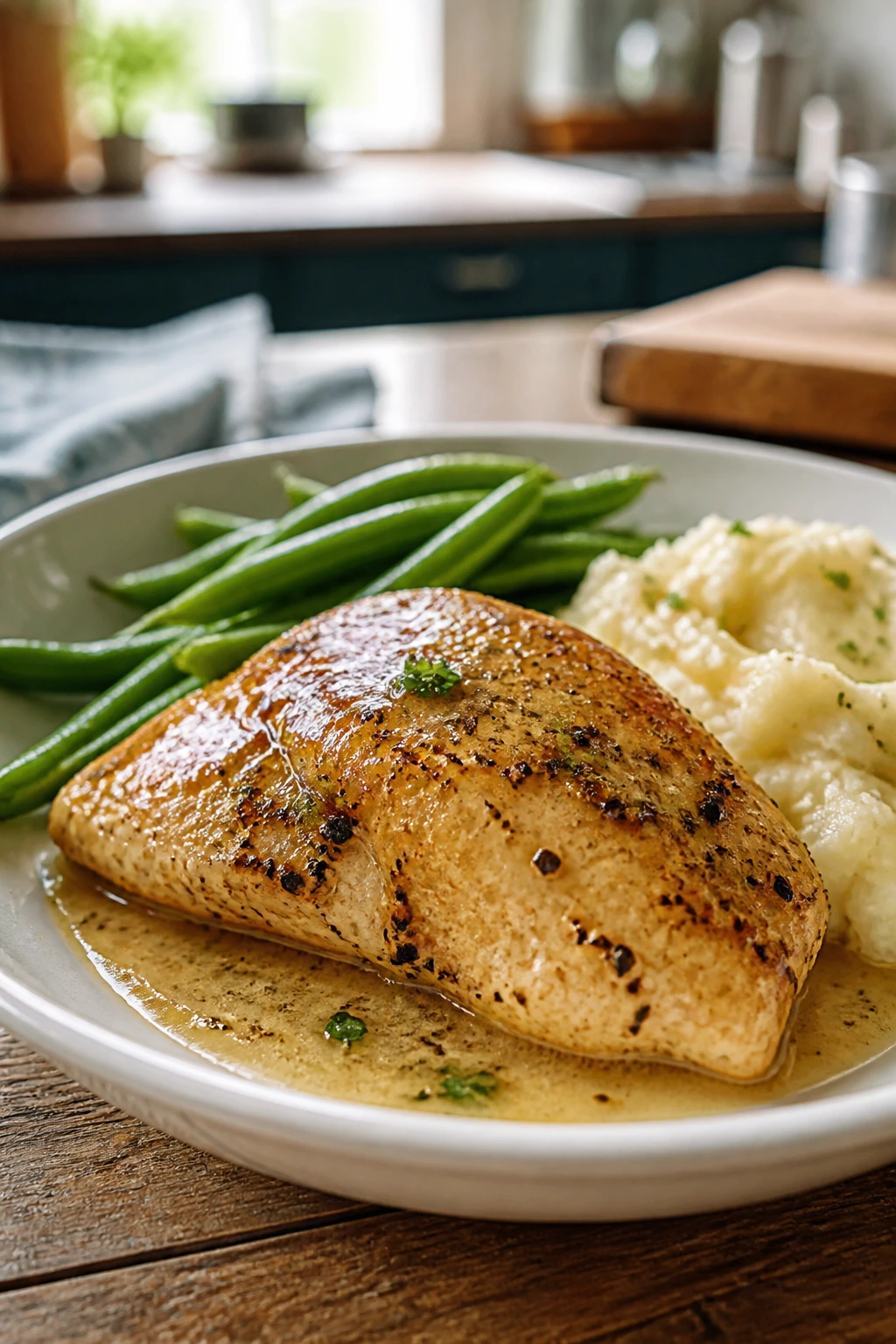 Close-up of a single juicy chicken breast dinner plated on a wooden table in a home kitchen