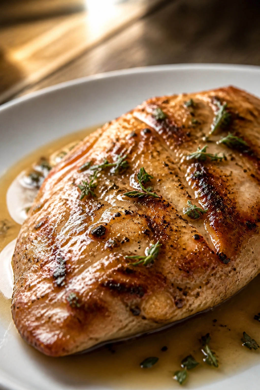 Close-up of a chicken breast dinner plated simply in a warm kitchen setting