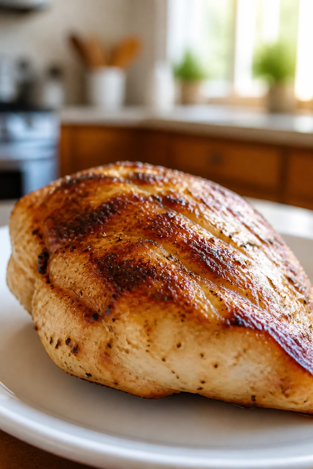 Close-up of a seared chicken breast on a plate highlighting browning and protein