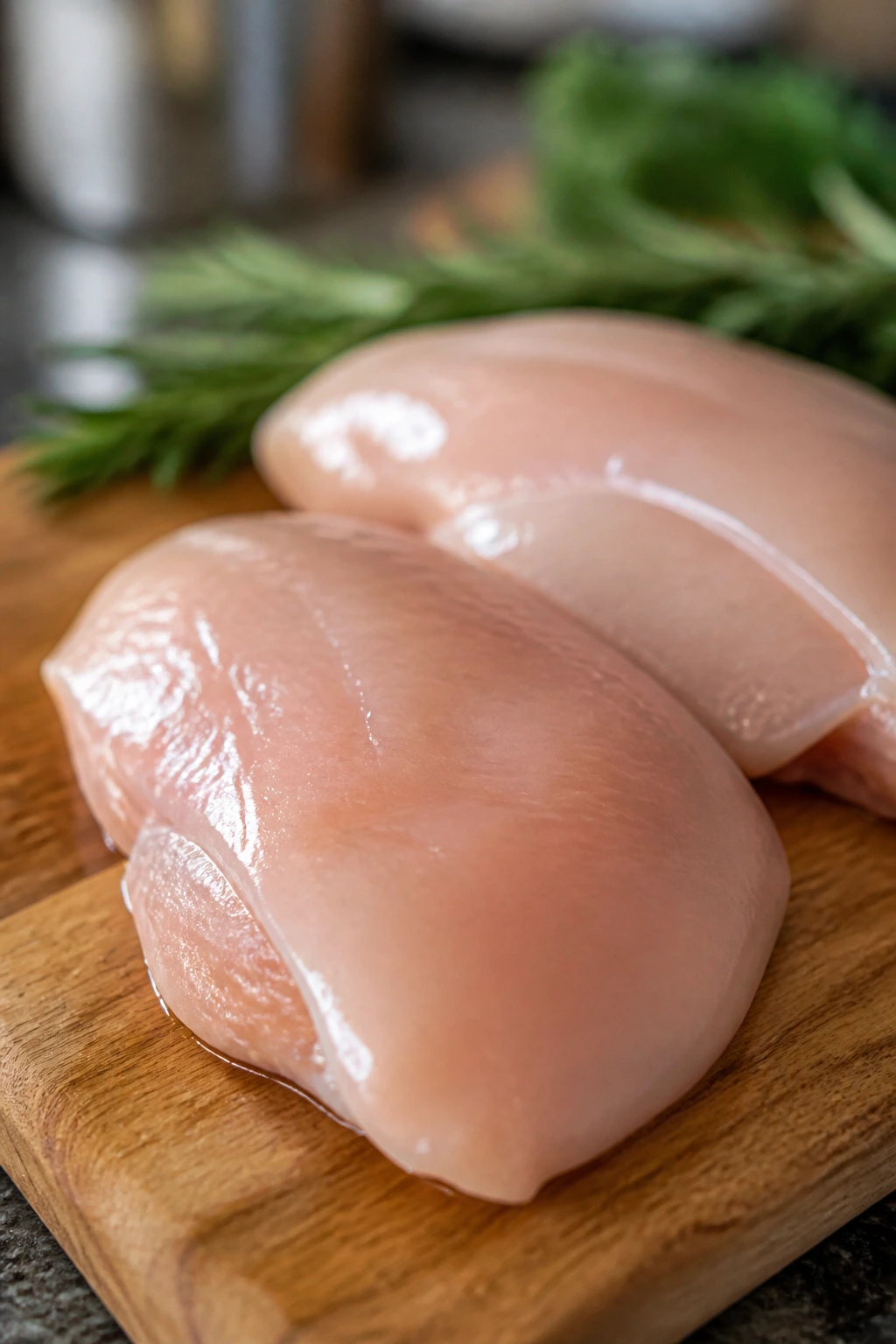 Raw chicken breasts on a cutting board with herbs