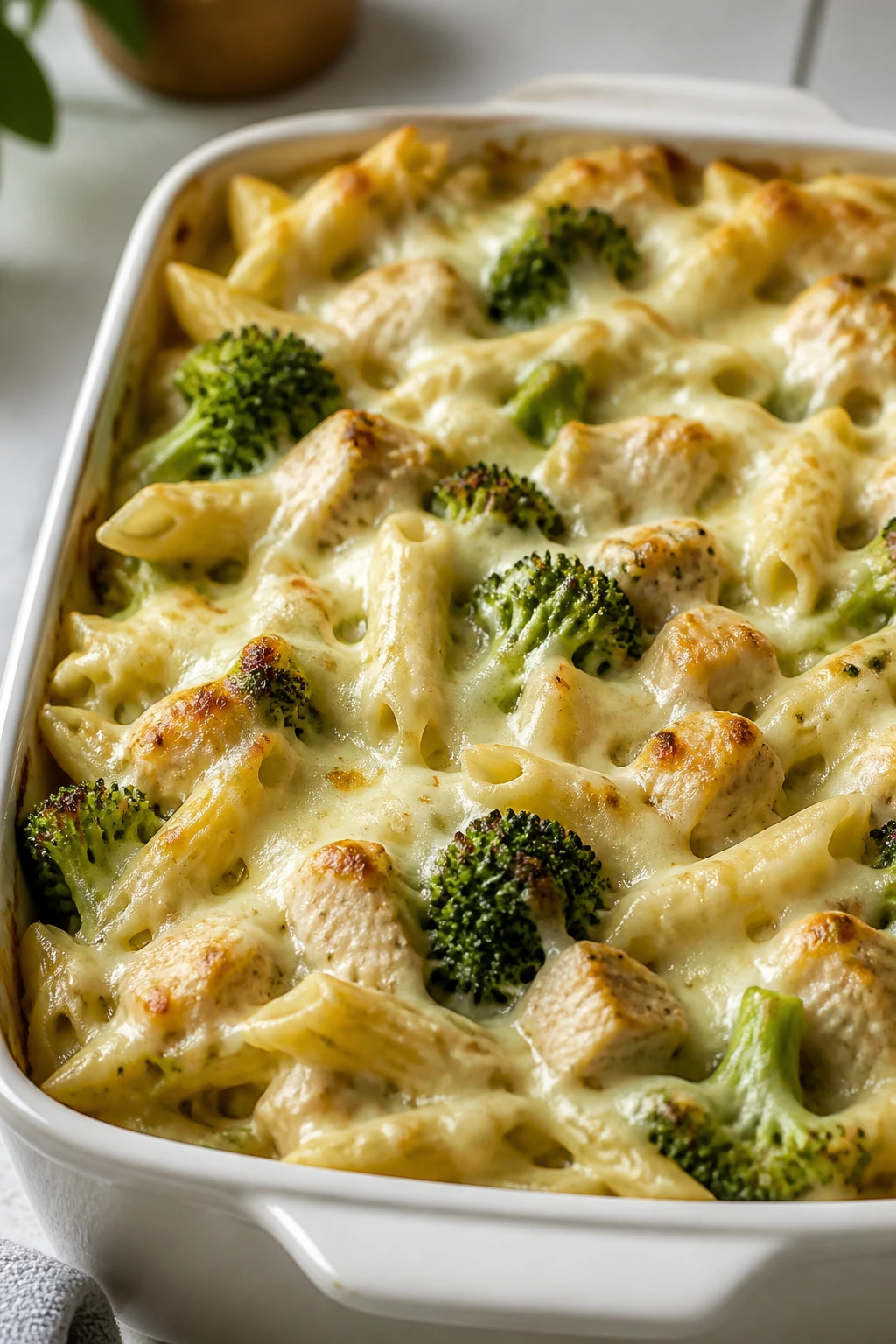 Creamy chicken broccoli Alfredo bake in a baking dish with melted cheese