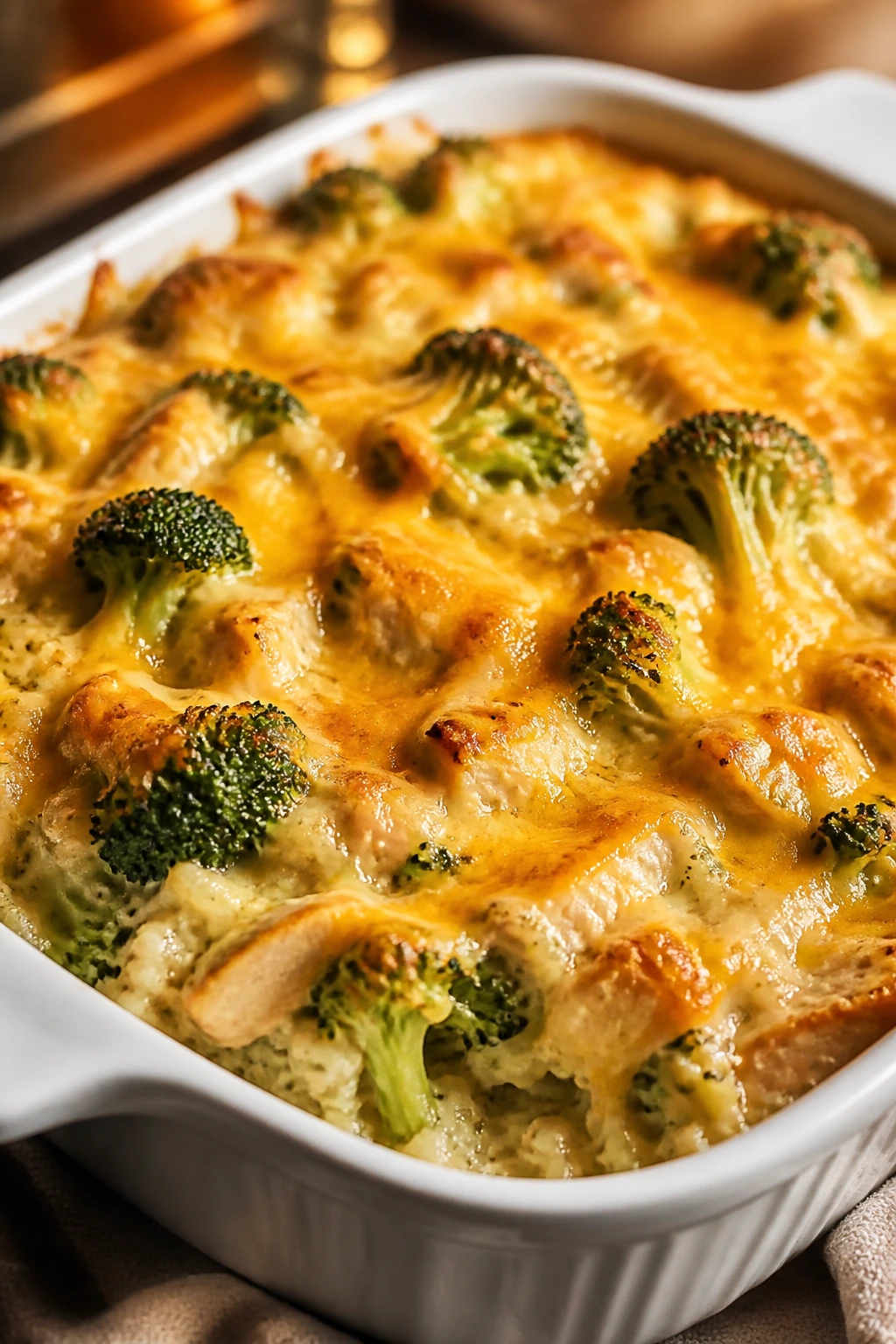 Creamy chicken broccoli cheddar bake topped with cheese