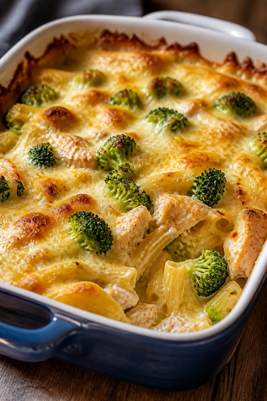 Close-up of chicken broccoli pasta bake with bubbling cheese and broccoli visible on top