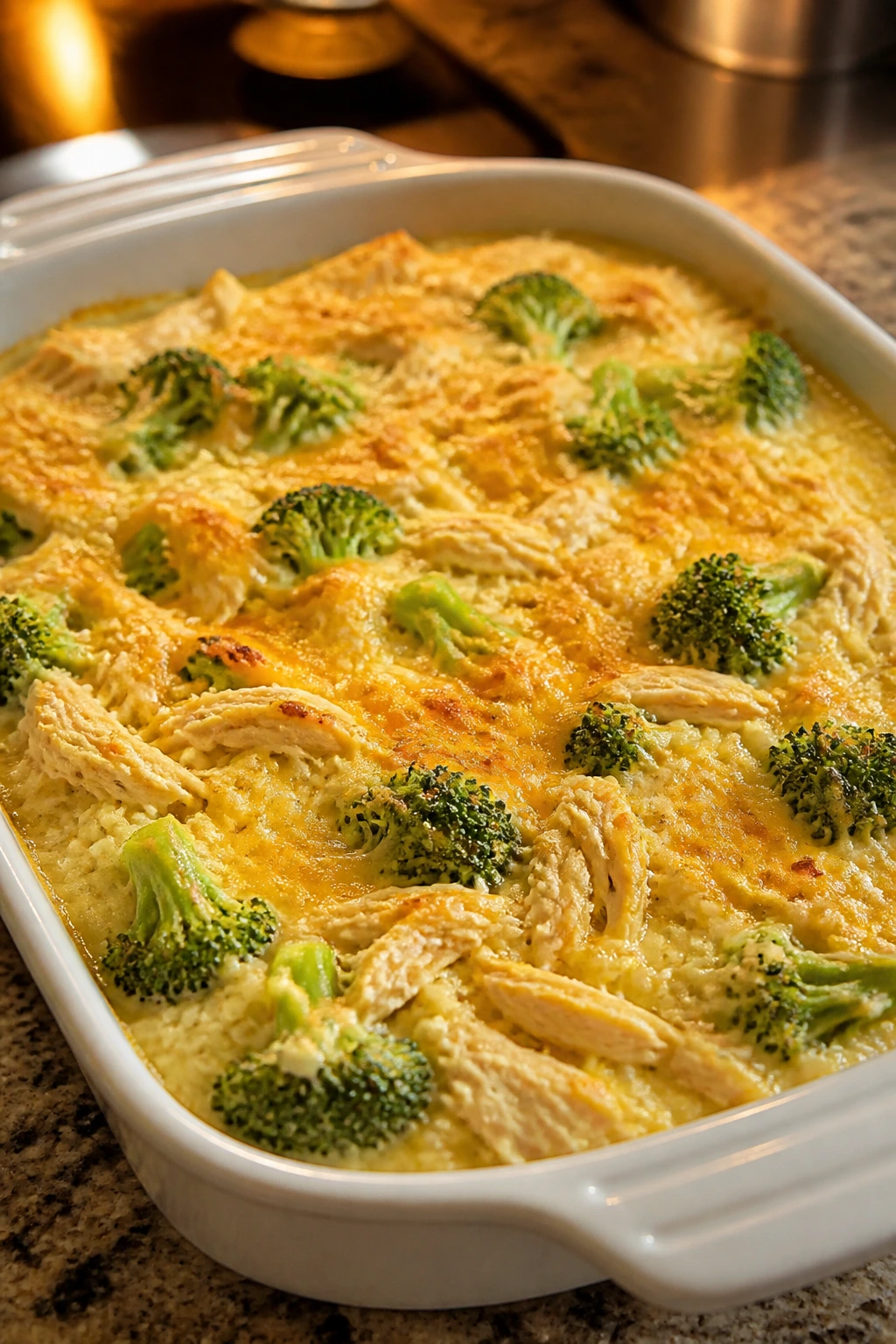 Creamy chicken broccoli rice casserole in a baking dish