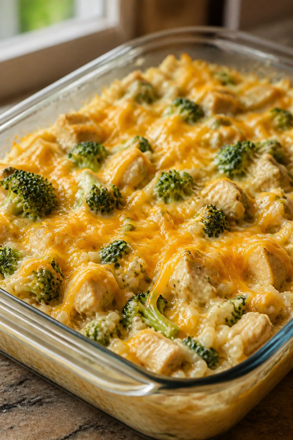 Creamy chicken broccoli rice casserole in glass dish