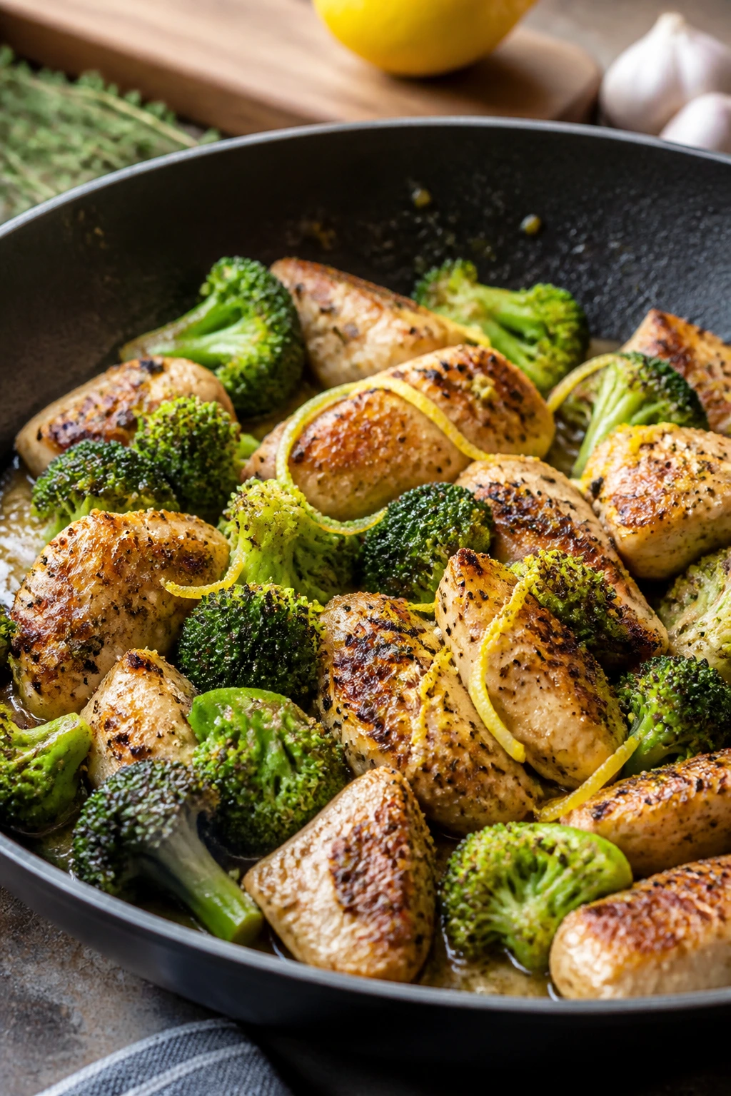 Close-up of lemon-garlic chicken and broccoli skillet showing golden chicken and bright broccoli