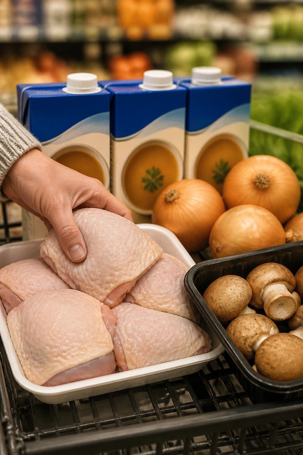 Grocery display with chicken thighs, broth, onions, and mushrooms ready for purchase