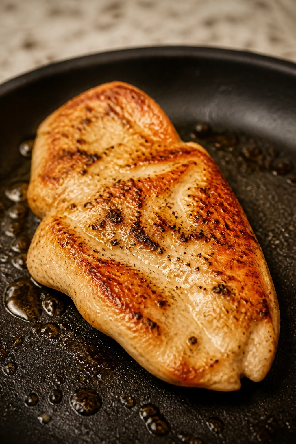 Close-up of browning chicken piece in skillet highlighting ingredient importance.