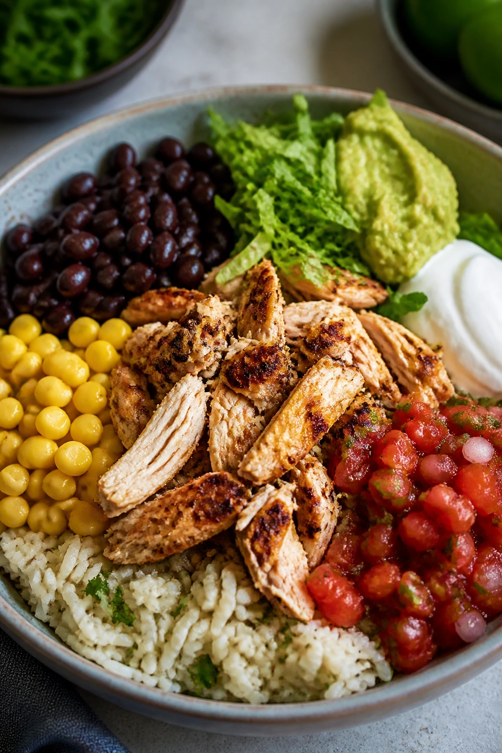 Close-up of a chicken burrito bowl with rice, beans, salsa and avocado