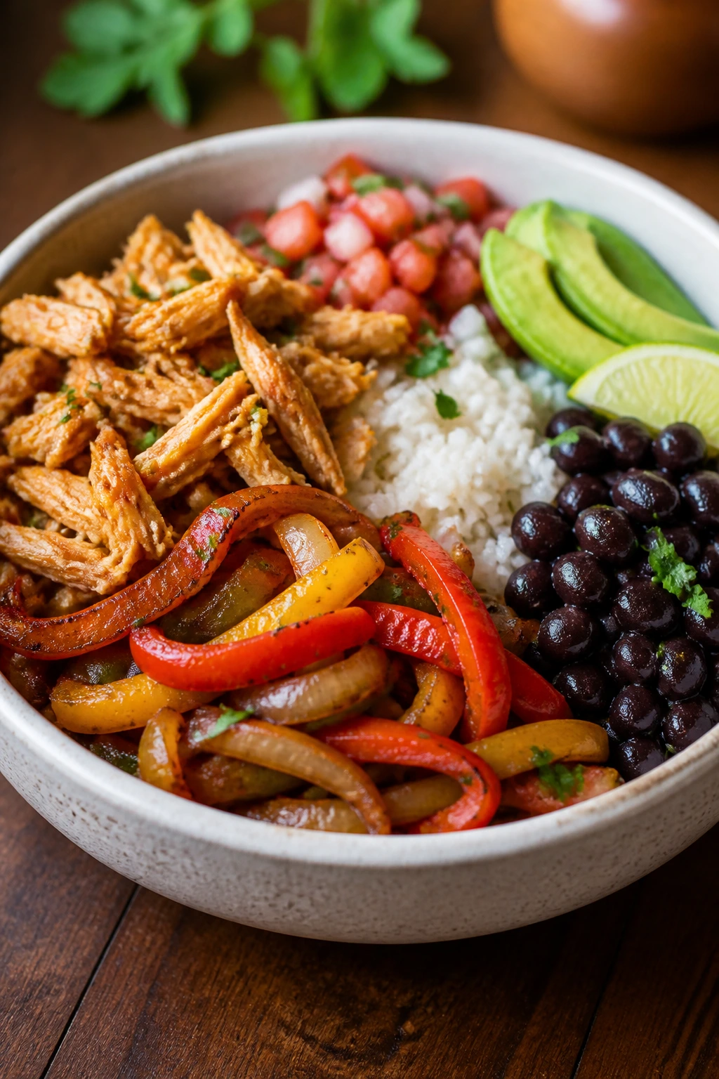 Chicken burrito bowl with fajita veggies and rice in bowl.