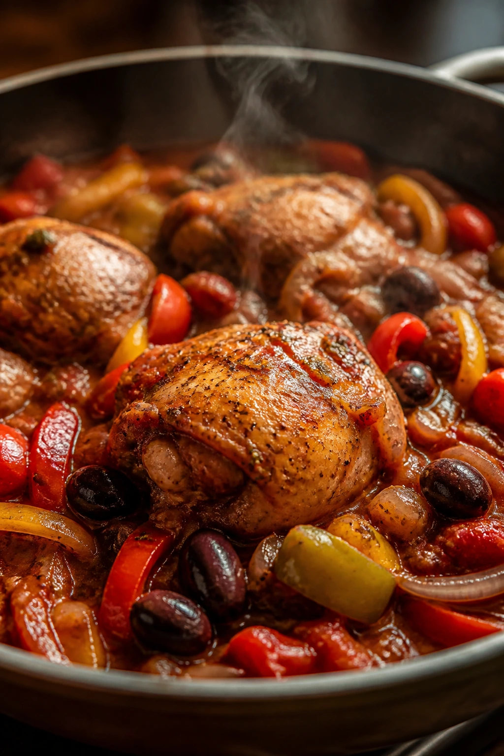 Close-up of chicken cacciatore with peppers and olives