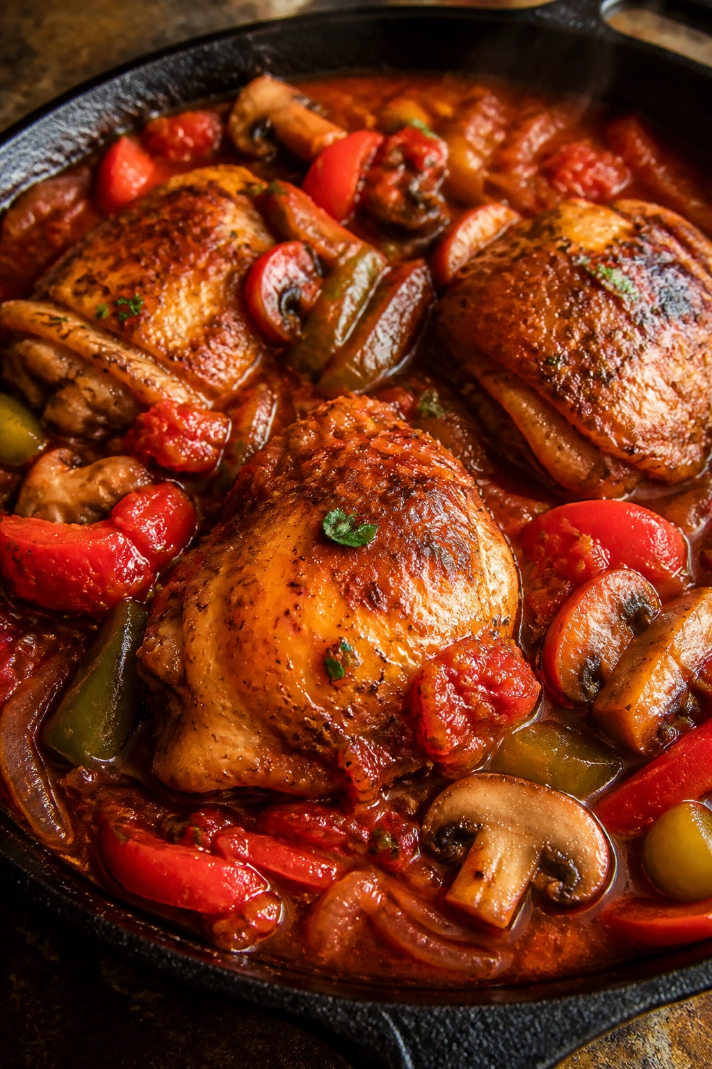 Close-up of chicken cacciatore with peppers and mushrooms in tomato sauce
