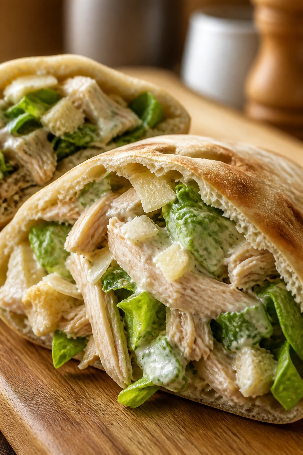 Pita pocket filled with chicken Caesar mixture