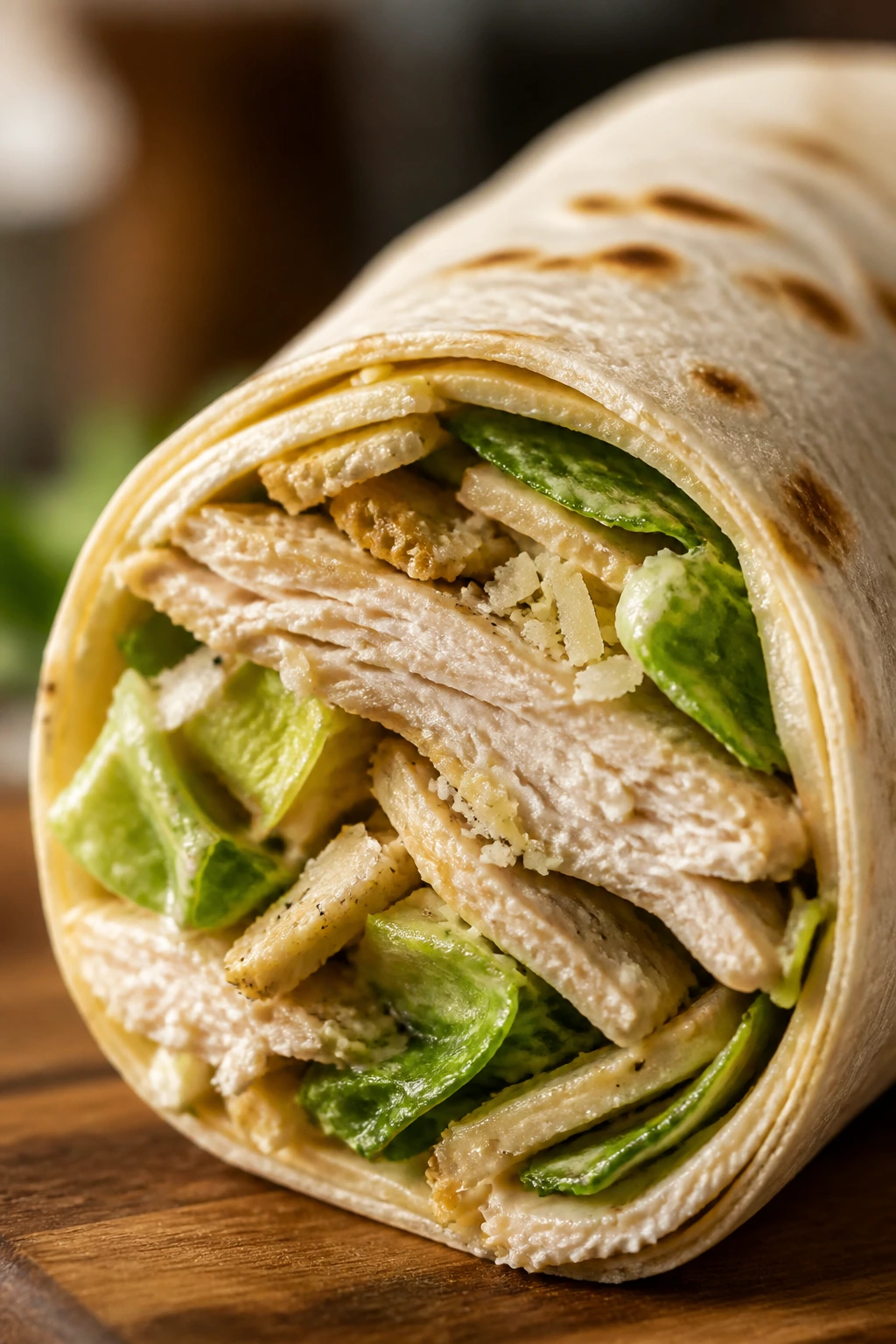 Cross-section of a chicken caesar wrap showing romaine and parmesan.