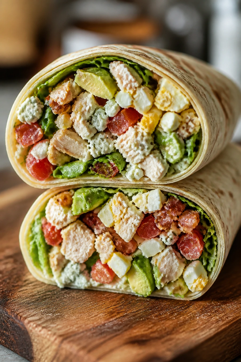 Close-up of a Chicken Cobb Salad Wrap sliced in half, showing chicken, bacon, egg, avocado, tomato and blue cheese.