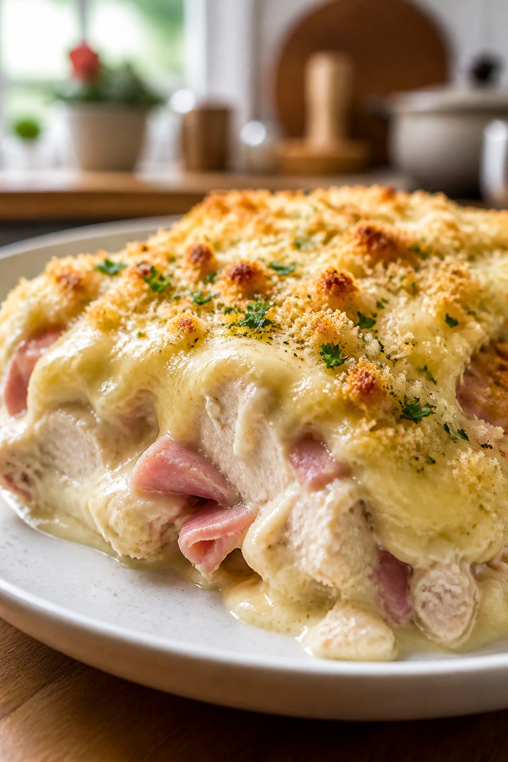 Close-up of chicken cordon bleu casserole slice