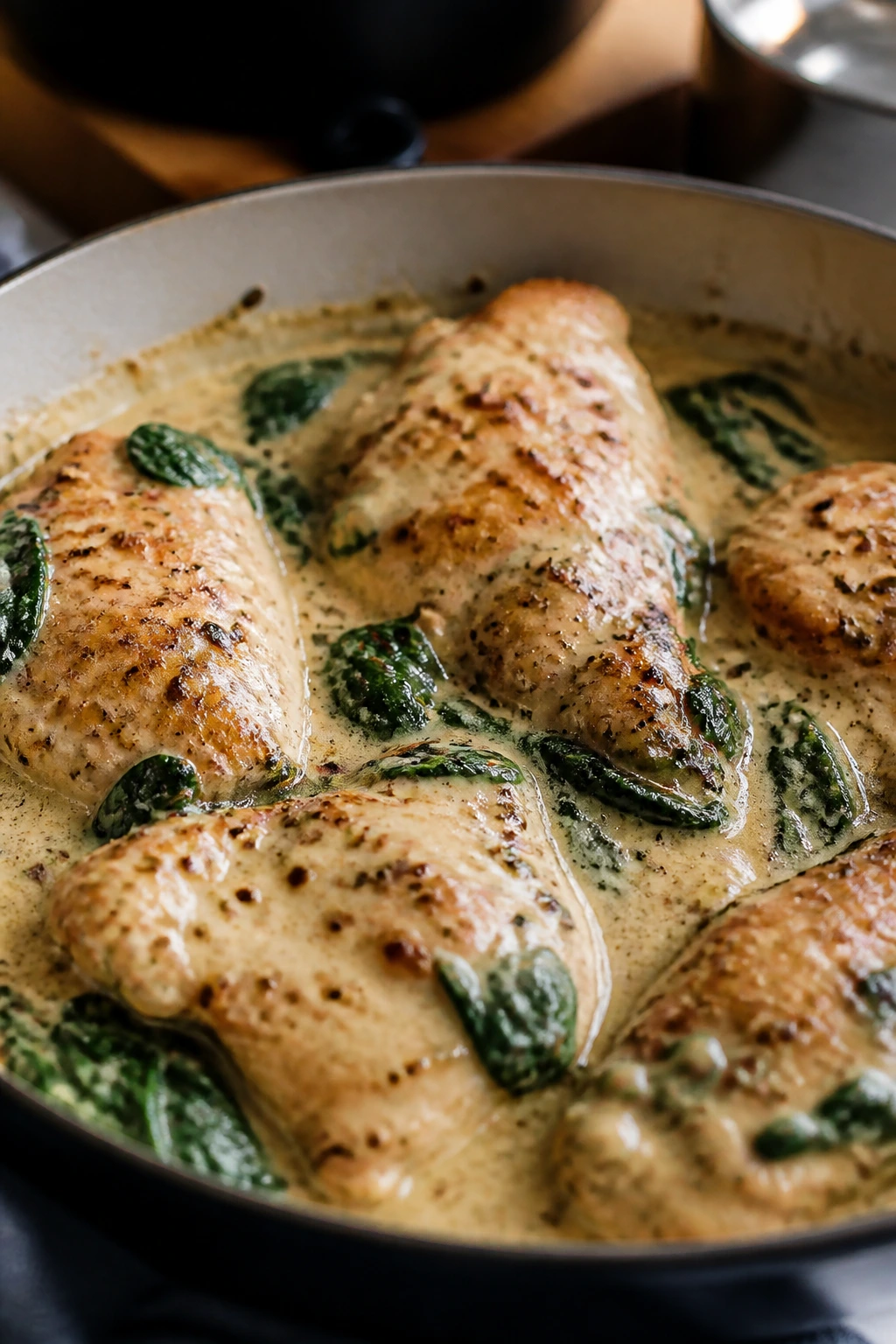 Chicken pieces in creamy sauce with spinach finishing in a skillet