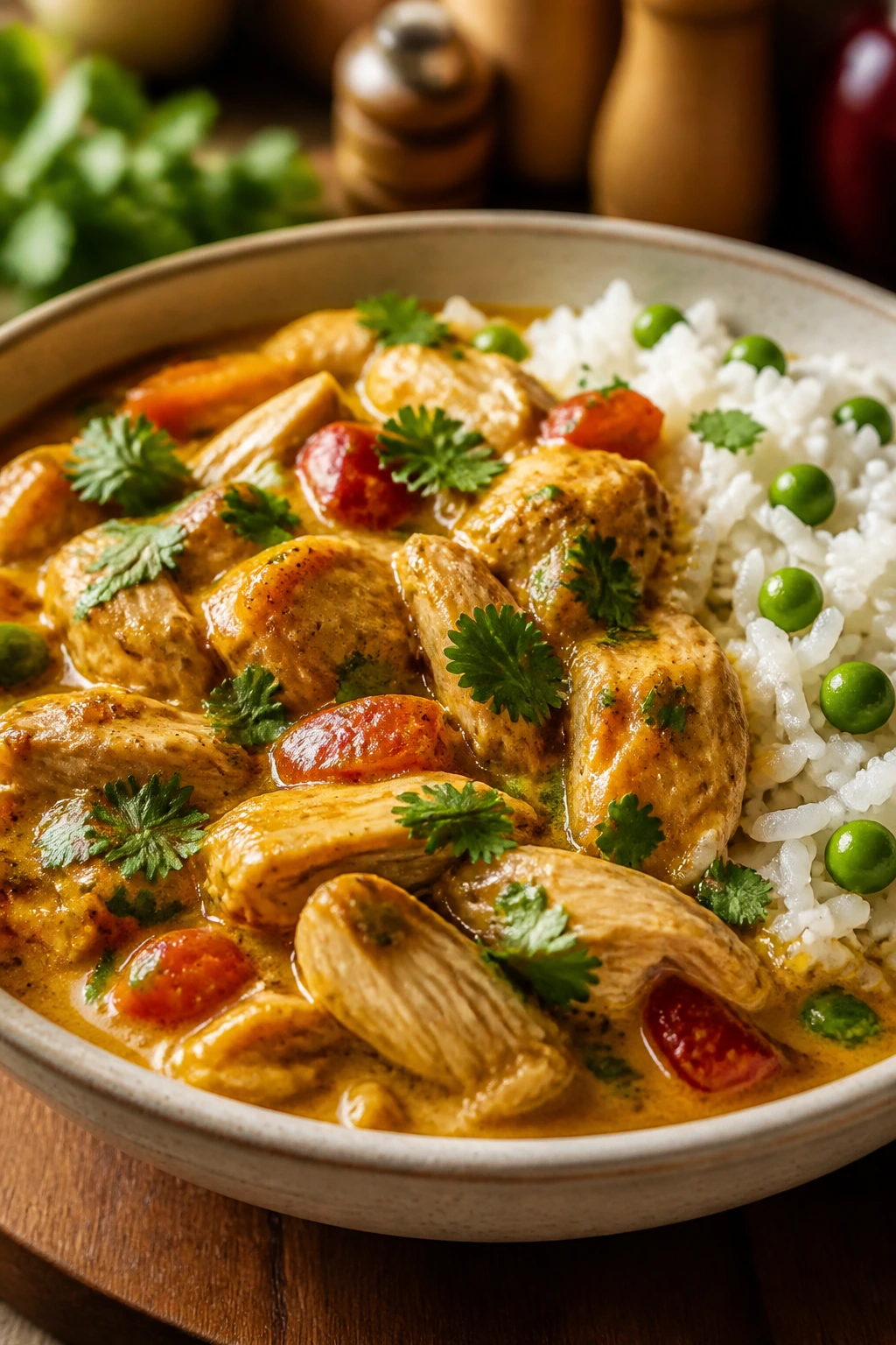 Close-up of a chicken curry coconut rice bowl with rice and peas