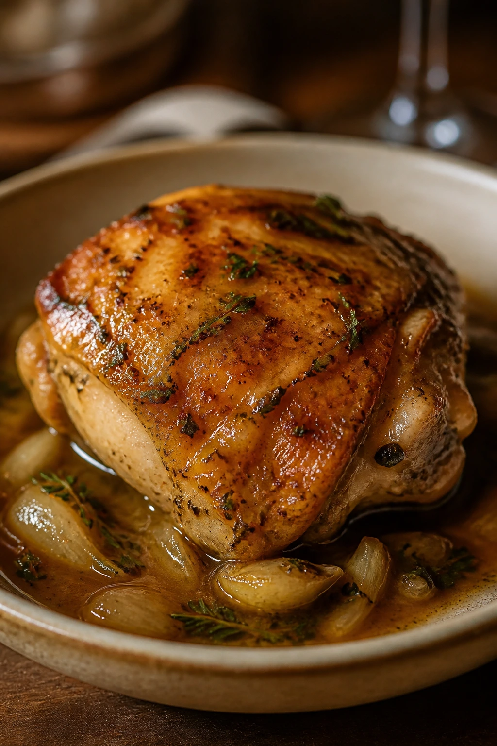 Juicy plated chicken thigh in glossy sauce as a versatile dinner centerpiece