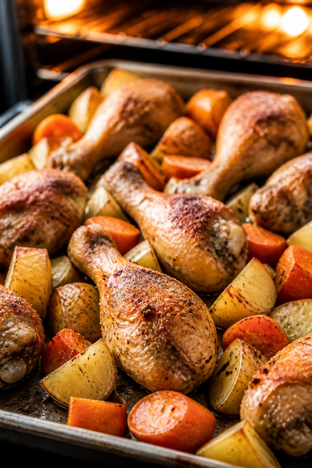Roasted chicken drumsticks with potatoes and carrots on sheet pan