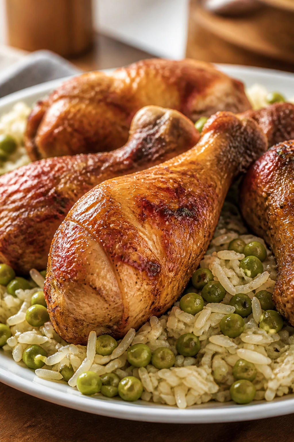 Close-up of crispy chicken drumsticks with rice and peas