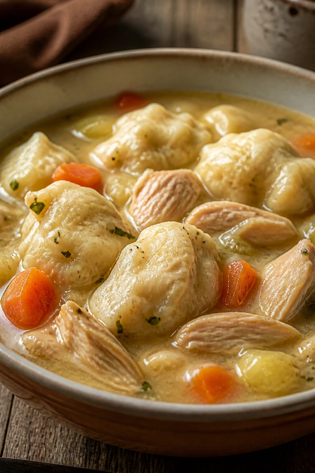Close-up of chicken and dumplings in a rustic kitchen setting.