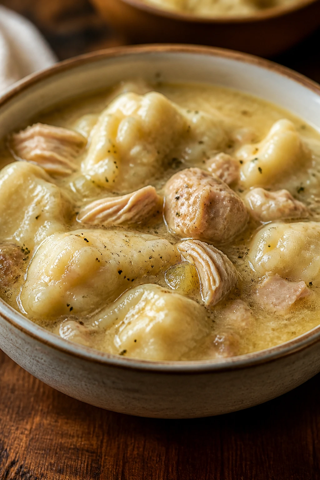 Close-up of chicken and dumplings in a rustic bowl
