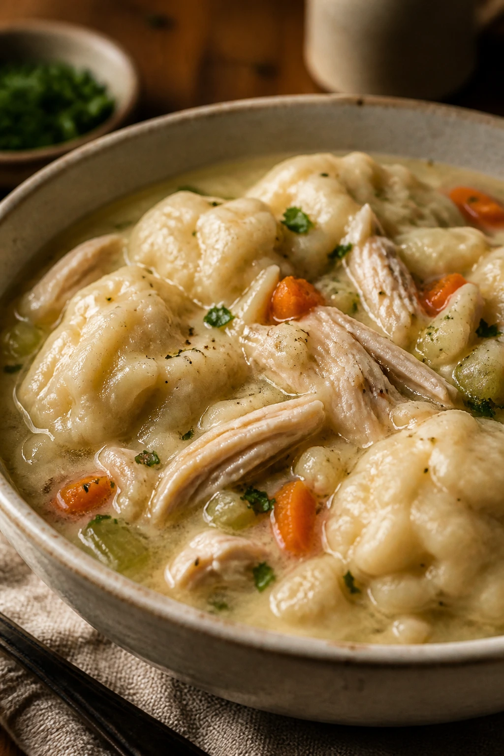 Steaming bowl of classic chicken and dumplings