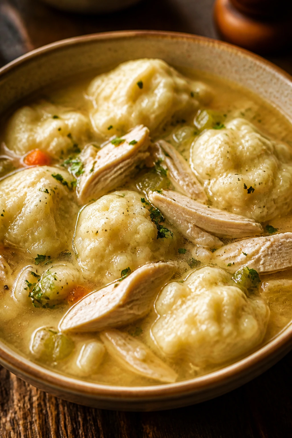 Close-up of comforting chicken and dumplings in a rustic bowl with steam