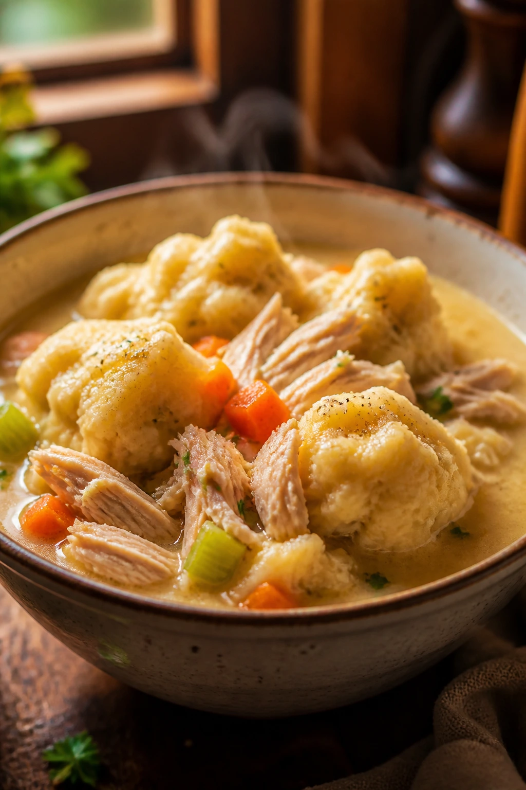 Steaming chicken and dumplings in a rustic kitchen