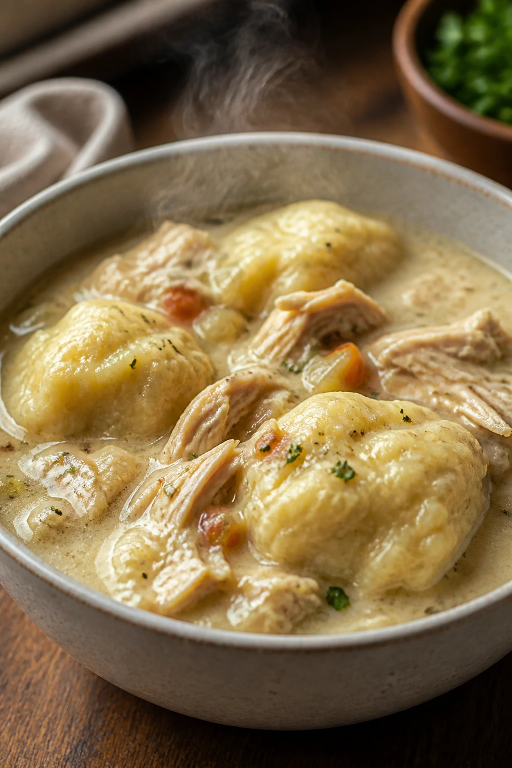 Close-up of a steaming chicken and dumplings bowl in a cozy kitchen