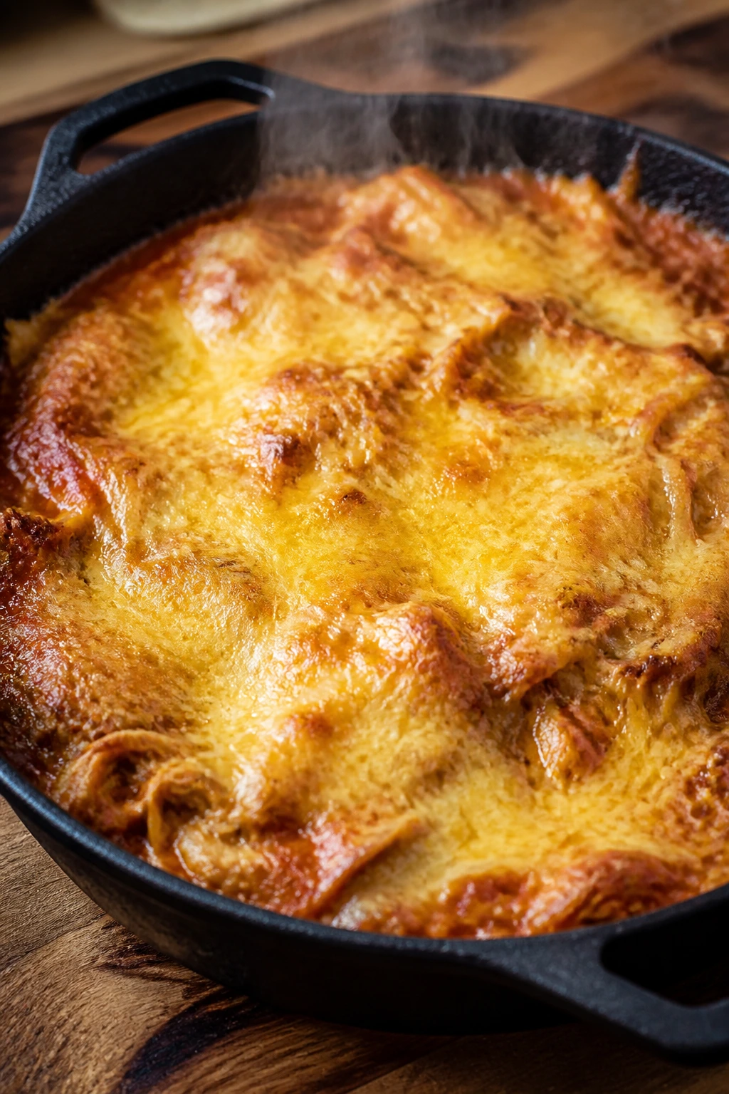 Close-up of bubbling Chicken Enchilada Casserole in a cast-iron pan with melted cheese