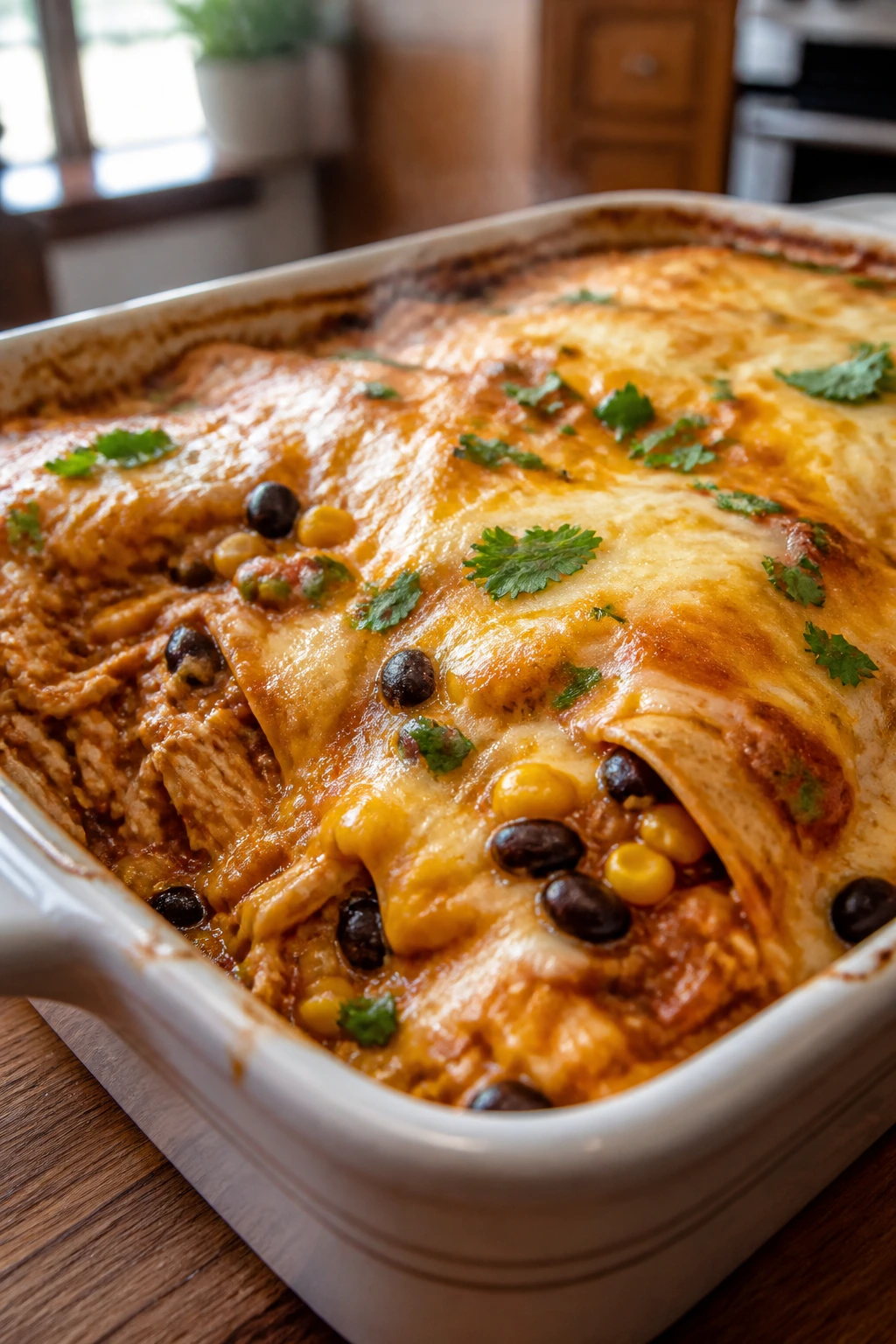 Close-up of a bubbling chicken enchilada casserole in a warm kitchen