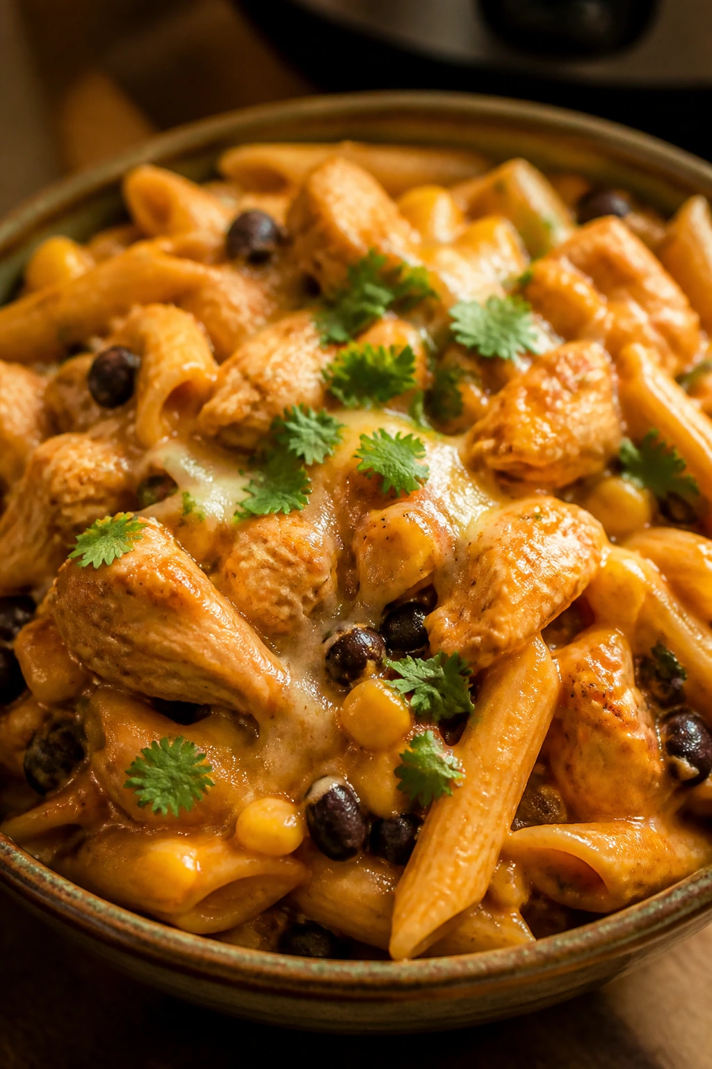 Close-up of chicken enchilada pasta in a bowl